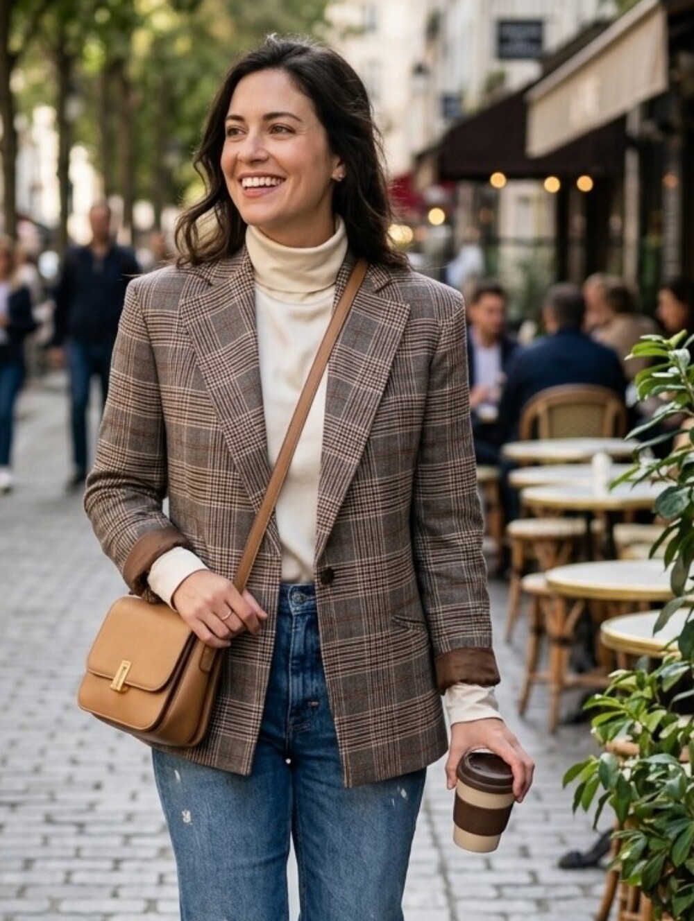 Zara Brown Glen Plaid Blazer with Subtle Ivory Windowpane